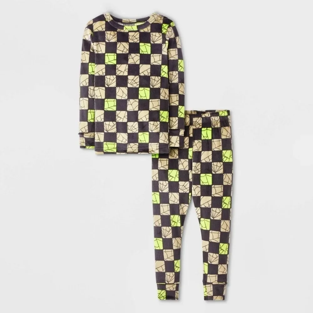 New Toddler Snuggly Soft Checkered Spiderweb Halloween Pajama Set 2T